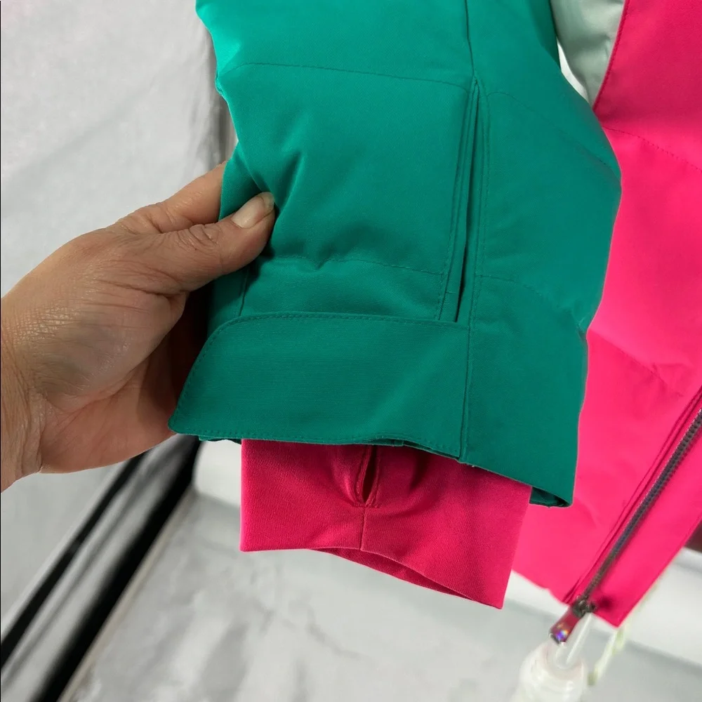 Spyder Girls Insulated Ski Jacket Pink Green Faux Fur Hood Size 16 - Picture 6 of 16